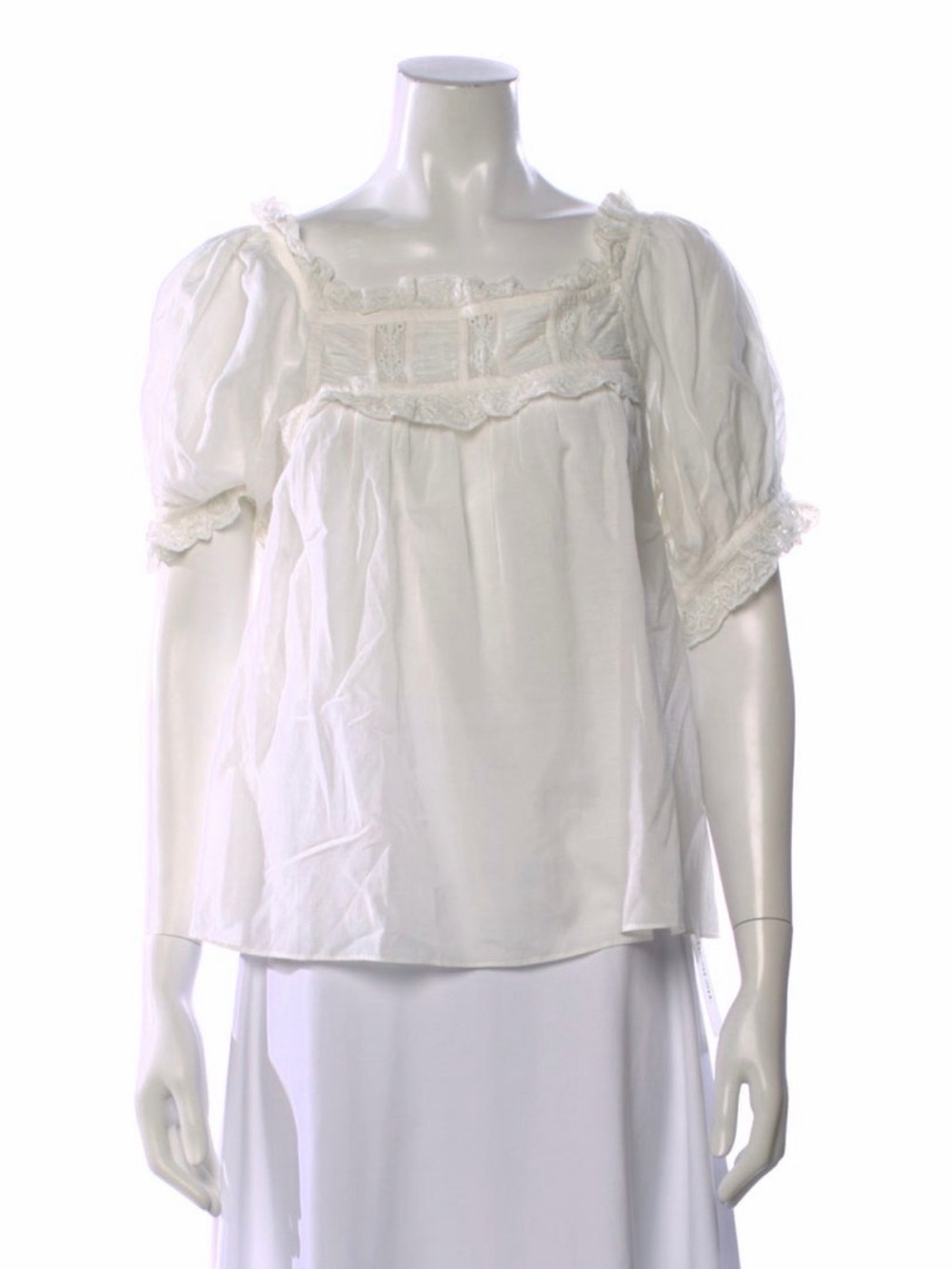 Doen White Lace-Trim Puff Sleeve Blouse NWT